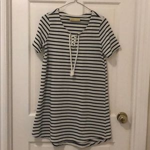 Navy and off-white striped dress